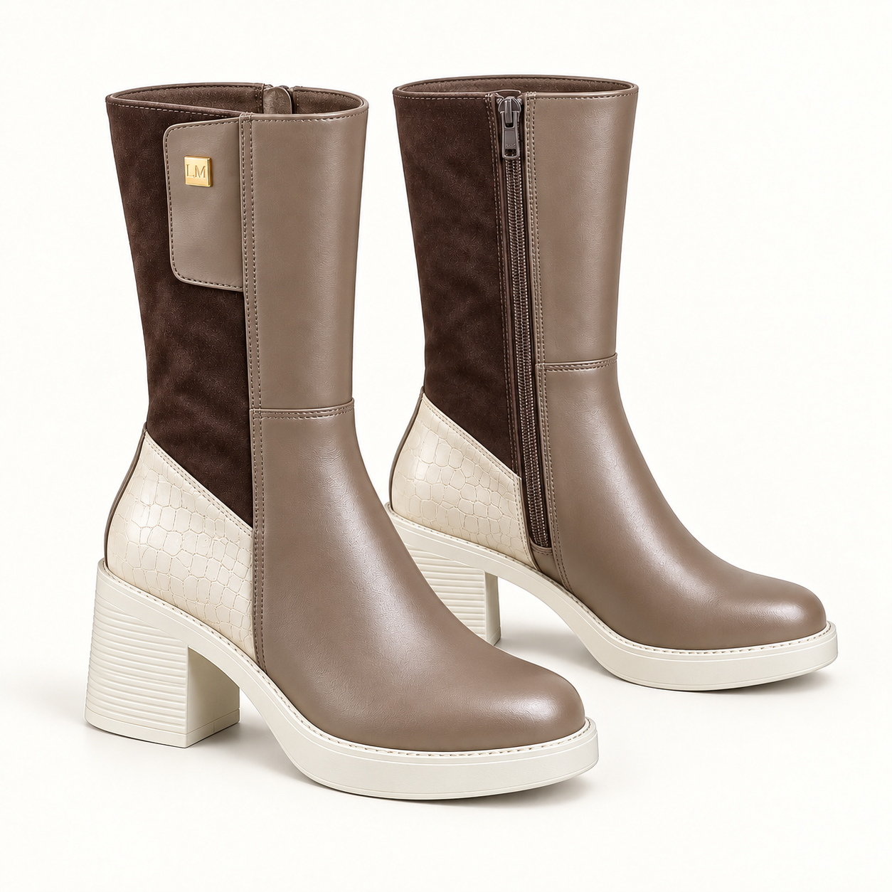 Bottes LMCONFORT à plateforme blanche et détail croco – Taupe