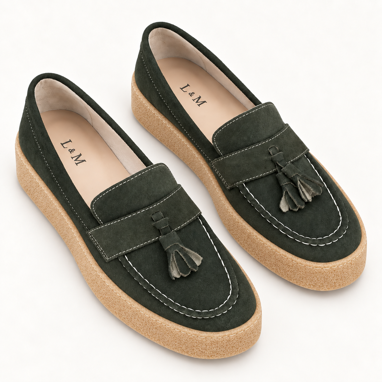 Mocassins LMCONFORT à pampilles et semelle compensée – Vert olive