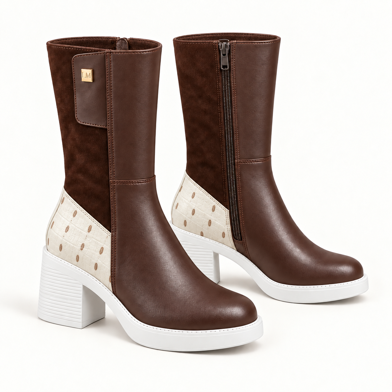 Bottes LMCONFORT à plateforme blanche et sigle doré – Marron