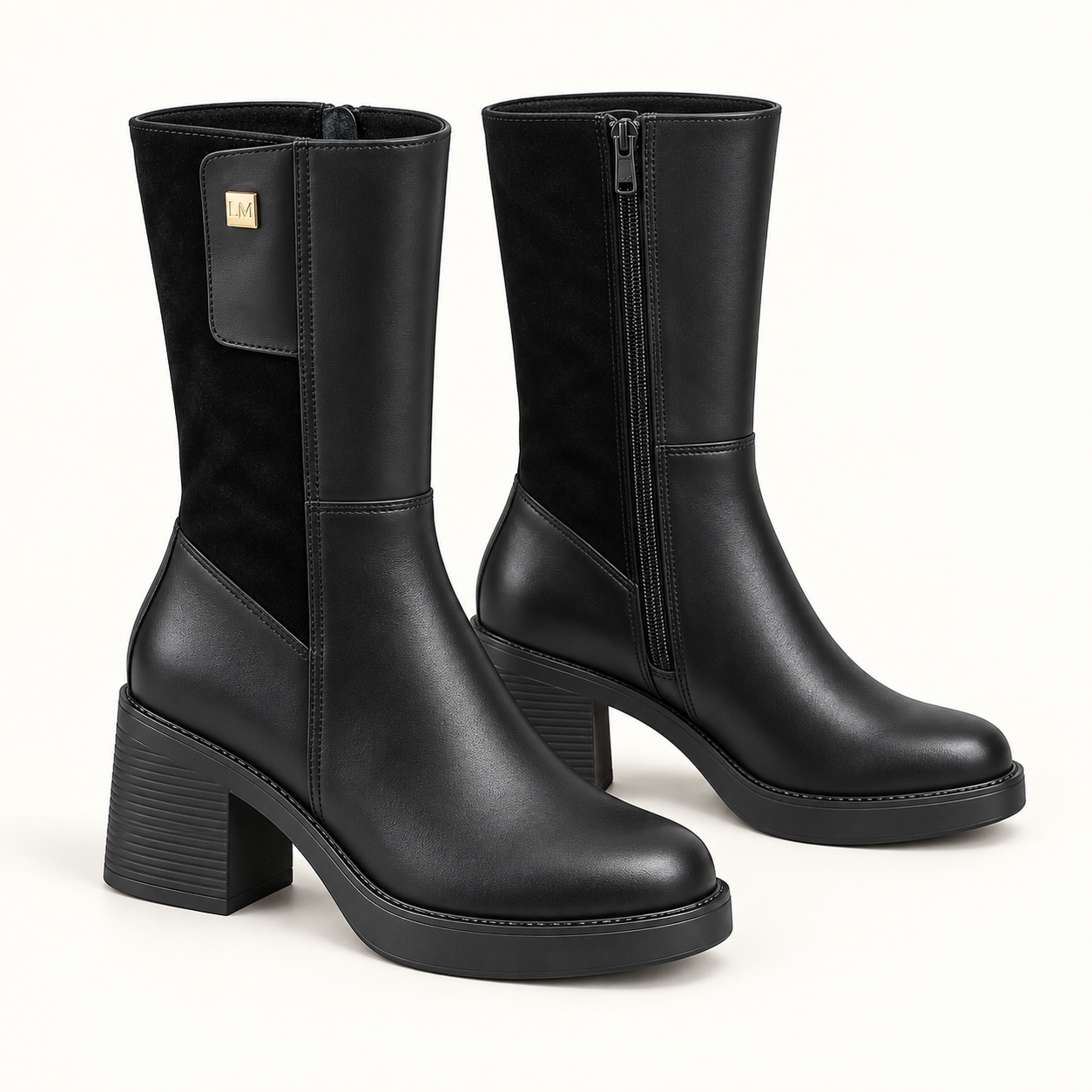 Bottes LMCONFORT à plateforme et sigle doré – Noir
